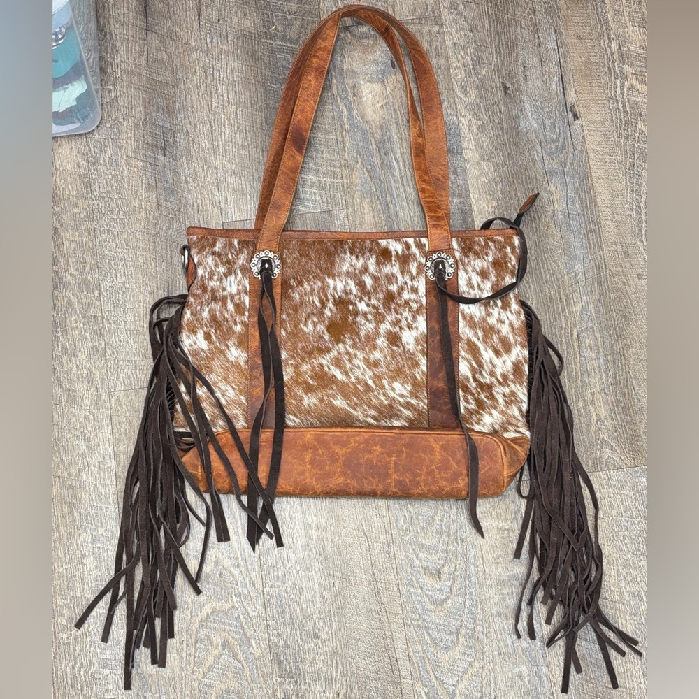 Rustic Brown and White Leather Fringe Shoulder Bag